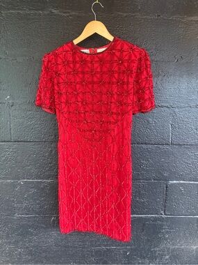 Vintage Red Beaded Silk Mini Cocktail Dress with Geometric Beadwork